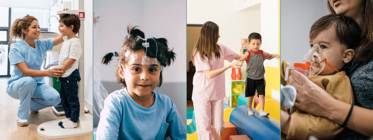 Image montrant un assemblage de photos : un pediatre mesurant la taille d'un petit garcon, une enfant qui bénéficie d'un électroencéphalogramme (EEG) par un neuropédiatre, une psychomotricienne qui traite un petit garcon, et un bébé en consultation d'urgences pédiatriques